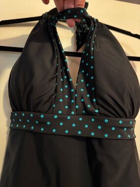 Black Halter Swimdress with Teal Polka Dot Trim - Women Swim Tankini